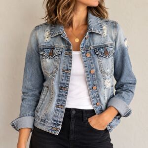 STS Blue Womens XS Distressed Denim Trucker Jacket Light Wash Jean Casual